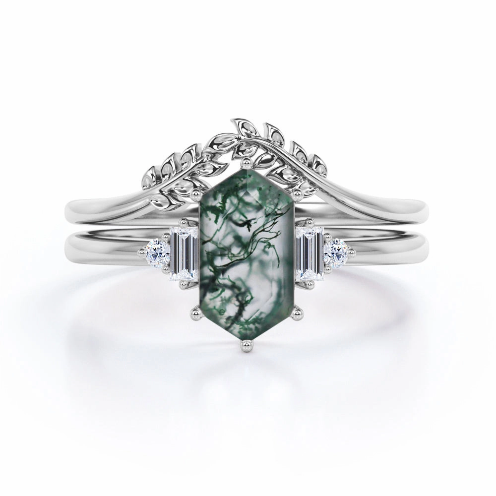 Nature Inspired 0.8 Carat Hexagon Moss Agate Bridal Ring Set Printed Image