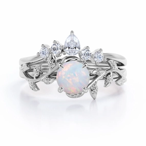 Nature Inspired 1.20 Carat Round Cut White Fire Opal And Diamond Leaf Vine Art Wedding Ring Set In White Gold For Her School Gift Classic Detail