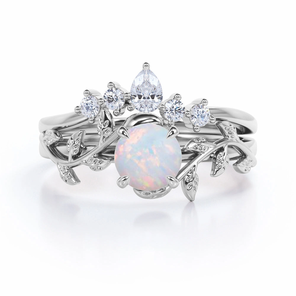 Nature Inspired 1.20 Carat Round Cut White Fire Opal And Diamond Leaf Vine Art Wedding Ring Set In White Gold For Her Nighttime Gift