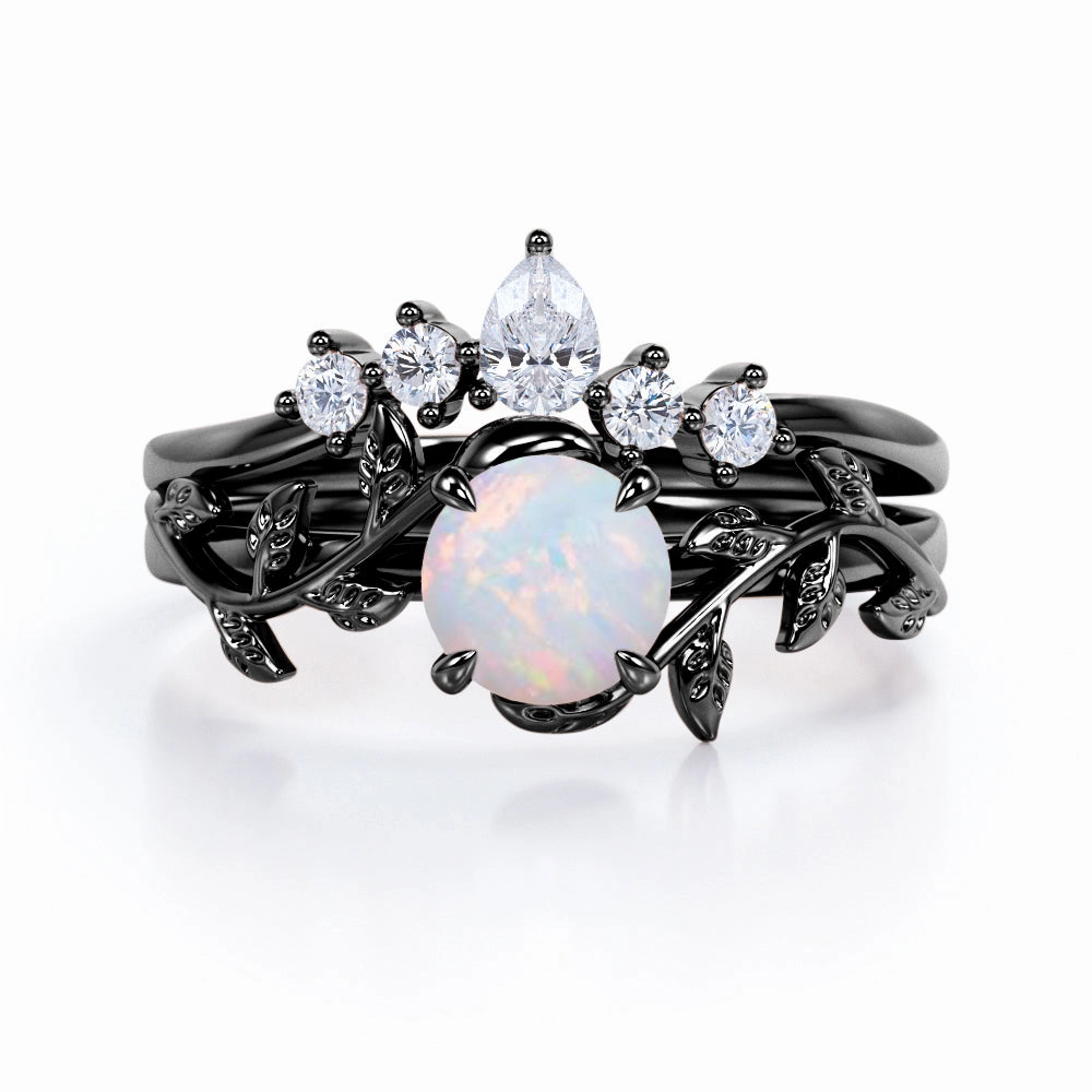 Traditional Ornament Handcrafted Item Nature Inspired 1.20 Carat Round Cut White Fire Opal And Diamond Leaf Vine Art Wedding Ring Set In White Gold For Her