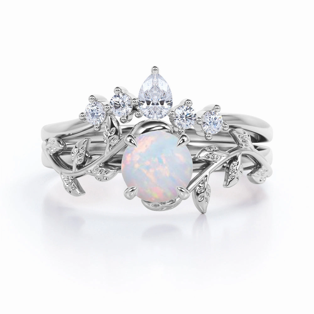 Nature Inspired 1.20 Carat Round Cut White Fire Opal And Diamond Leaf Vine Art Wedding Ring Set In White Gold For Her School Gift Classic Detail