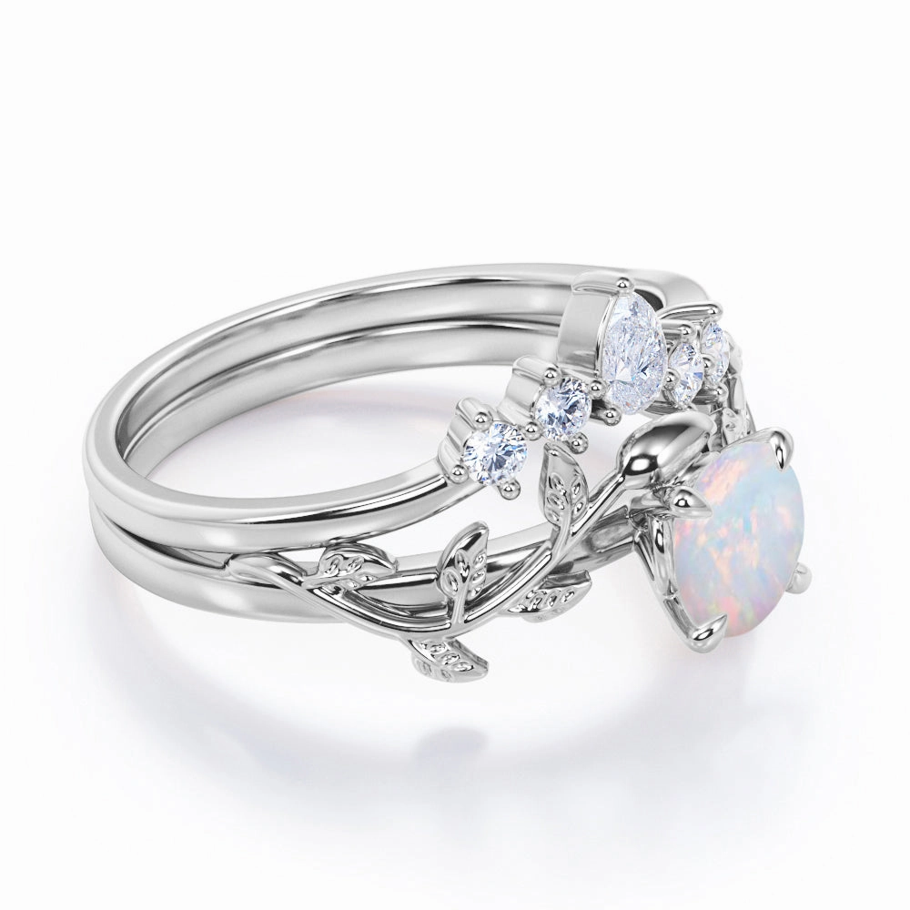 Nature Inspired 1.20 Carat Round Cut White Fire Opal And Diamond Leaf Vine Art Wedding Ring Set In White Gold For Her Low-Cost Expression Bright Finish
