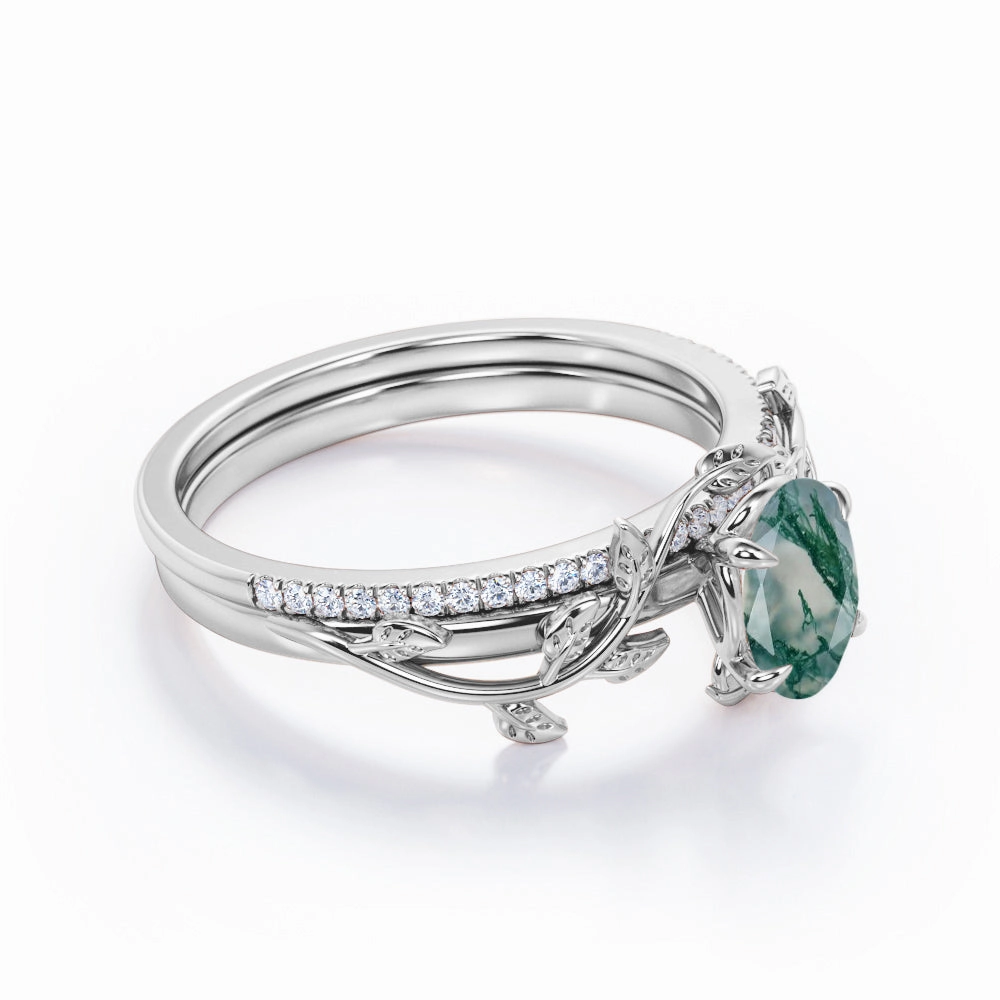 Nature Inspired 1.25 Ct Oval Green Moss Agate Bridal Set Luxury Art