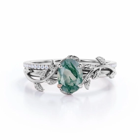 Nature Inspired 1.25 Ct Oval Green Moss Agate Bridal Set Beautiful Work Nighttime Gift