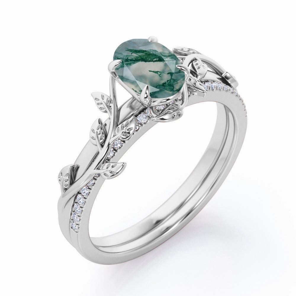 Nature Inspired 1.25 Ct Oval Green Moss Agate Bridal Set Rectangular Form All Occasions