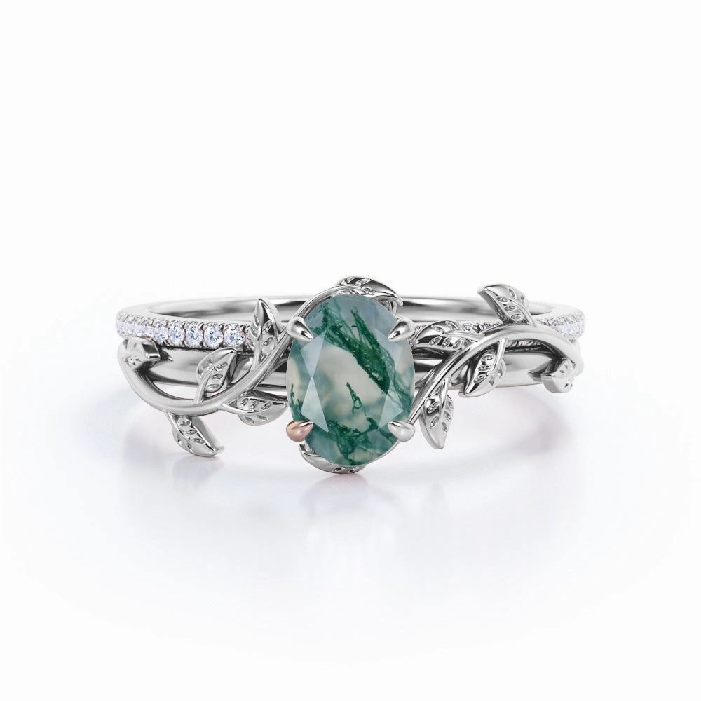 Nature Inspired 1.25 Ct Oval Green Moss Agate Bridal Set Beautiful Work Nighttime Gift