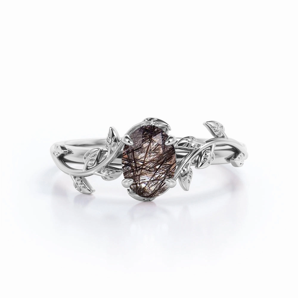Fun Detail Nature Inspired 1 ct Oval Black Rutilated Quartz Engagement Ring