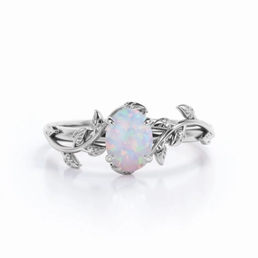 Nature Inspired 1 Ct Oval Cut Lab Created Opal Promise Ring Minimal Finish