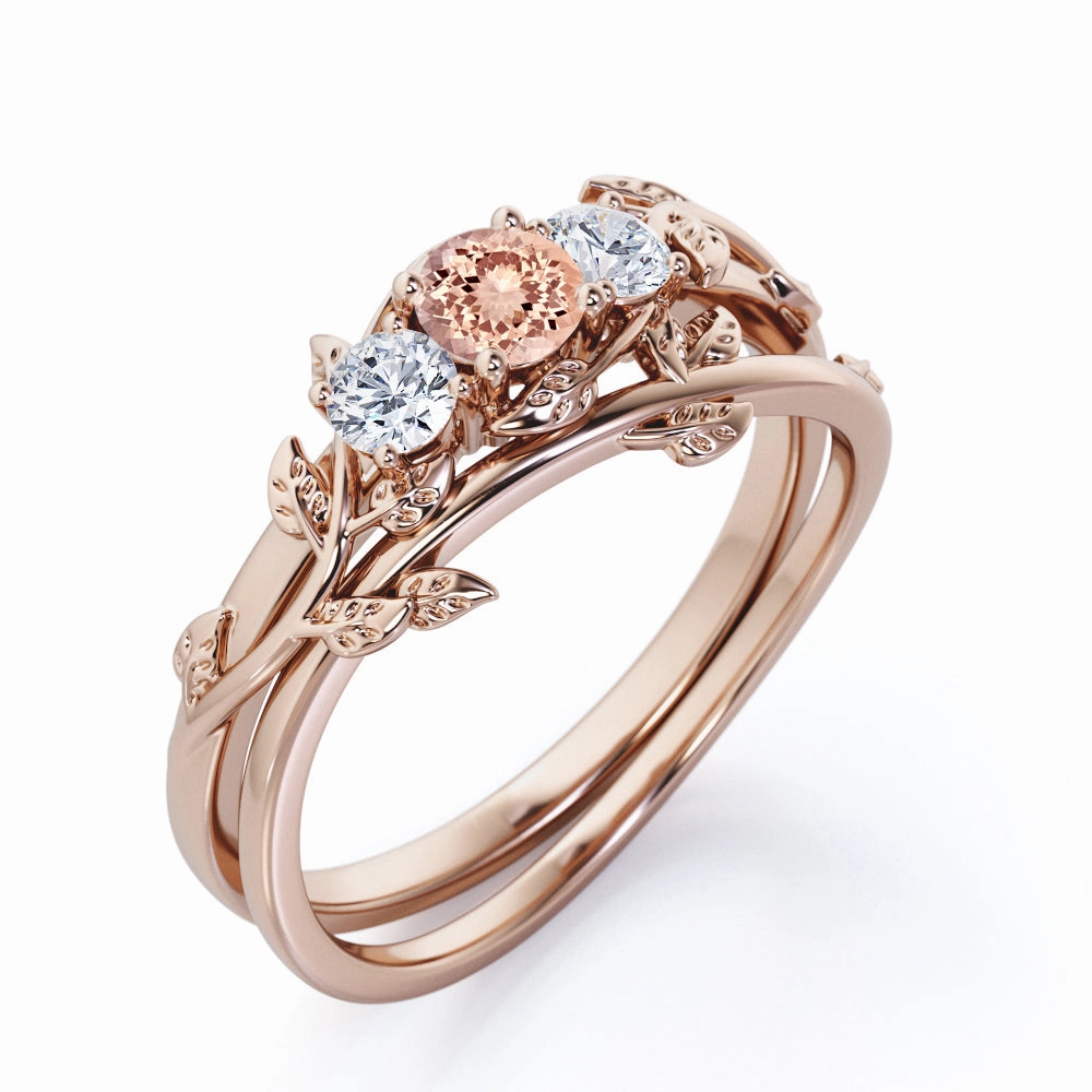 Nature-Inspired Trio Stone 1 ct Round Morganite Bridal Ring Set Year Round