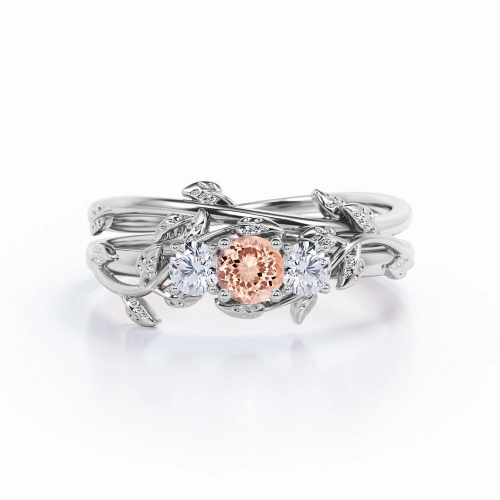 Nature-Inspired Trio Stone 1 ct Round Morganite Bridal Ring Set Weekend Accent