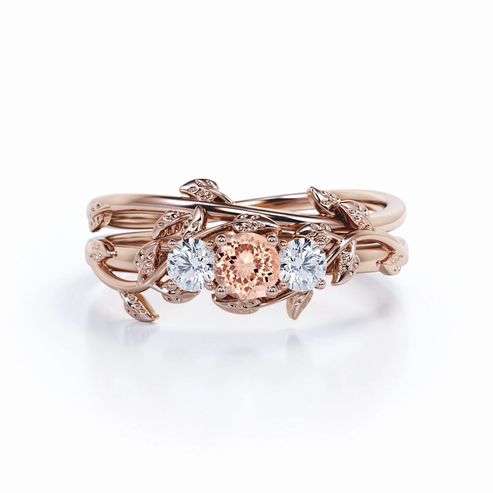 Contemporary Creation Everyday Fashion Nature-Inspired Trio Stone 1 ct Round Morganite Bridal Ring Set