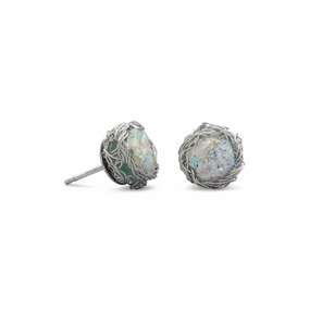 Lightweight Item Ancient Roman Glass Round Stud Earrings with Birds Nest Wire Weave Edge