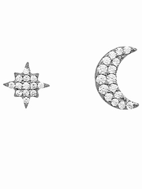 Crescent Moon Star Stud Earrings Rhodium-plated Sterling Silver Cubic Zirconia Creative Ornament Casual Ornament