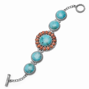 Sterling Silver Reconstituted Turquoise and Coral Toggle Bracelet Earned Worth Legendary Sight