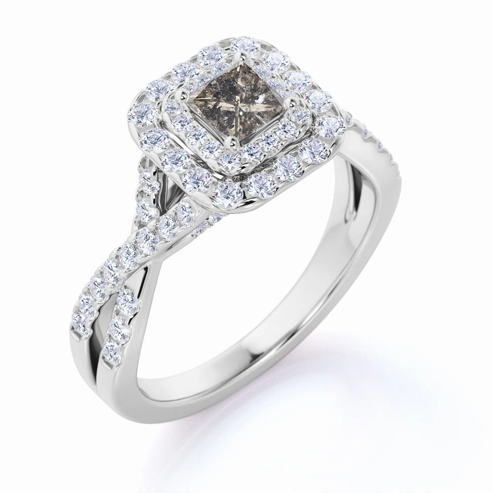 Chic Statement Stylish Bauble Cluster 1.15 Ct Princess Salt and Pepper Diamond Engagement Ring