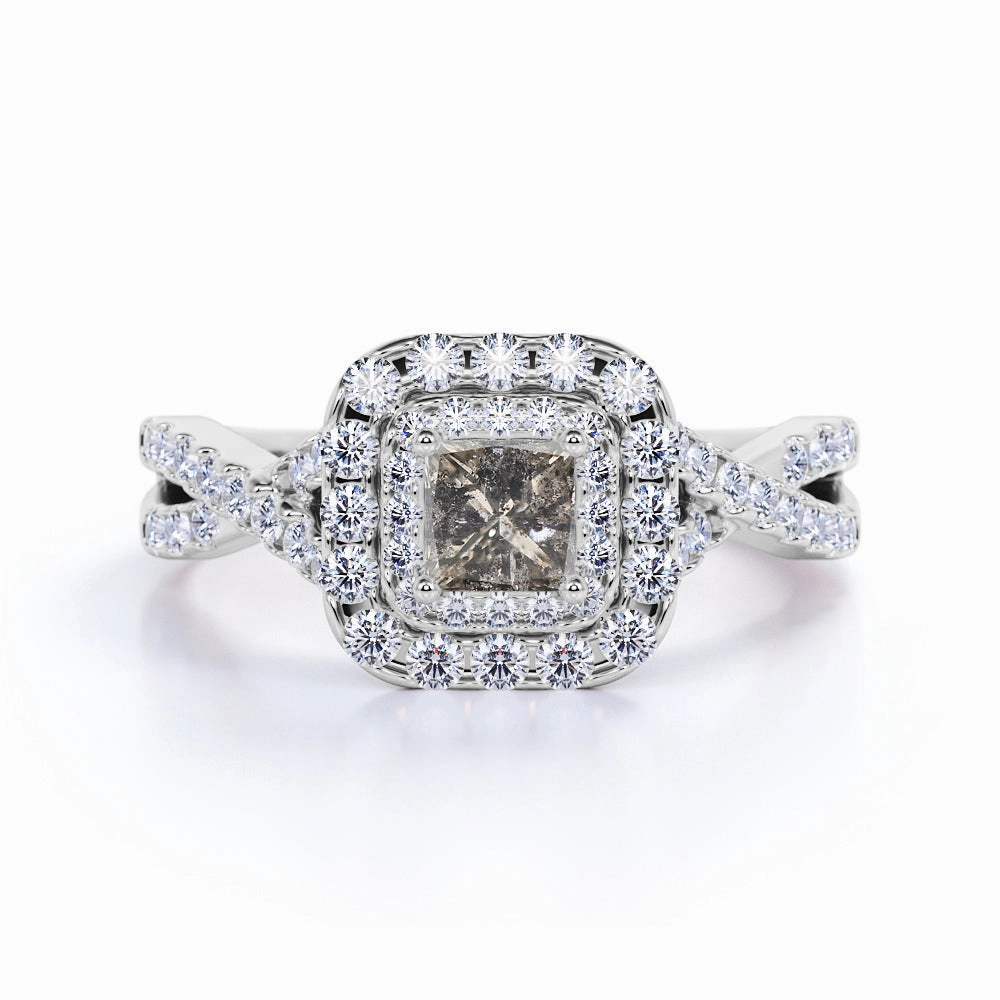 Daily Motion Trendy Finish Cluster 1.15 Ct Princess Salt and Pepper Diamond Engagement Ring