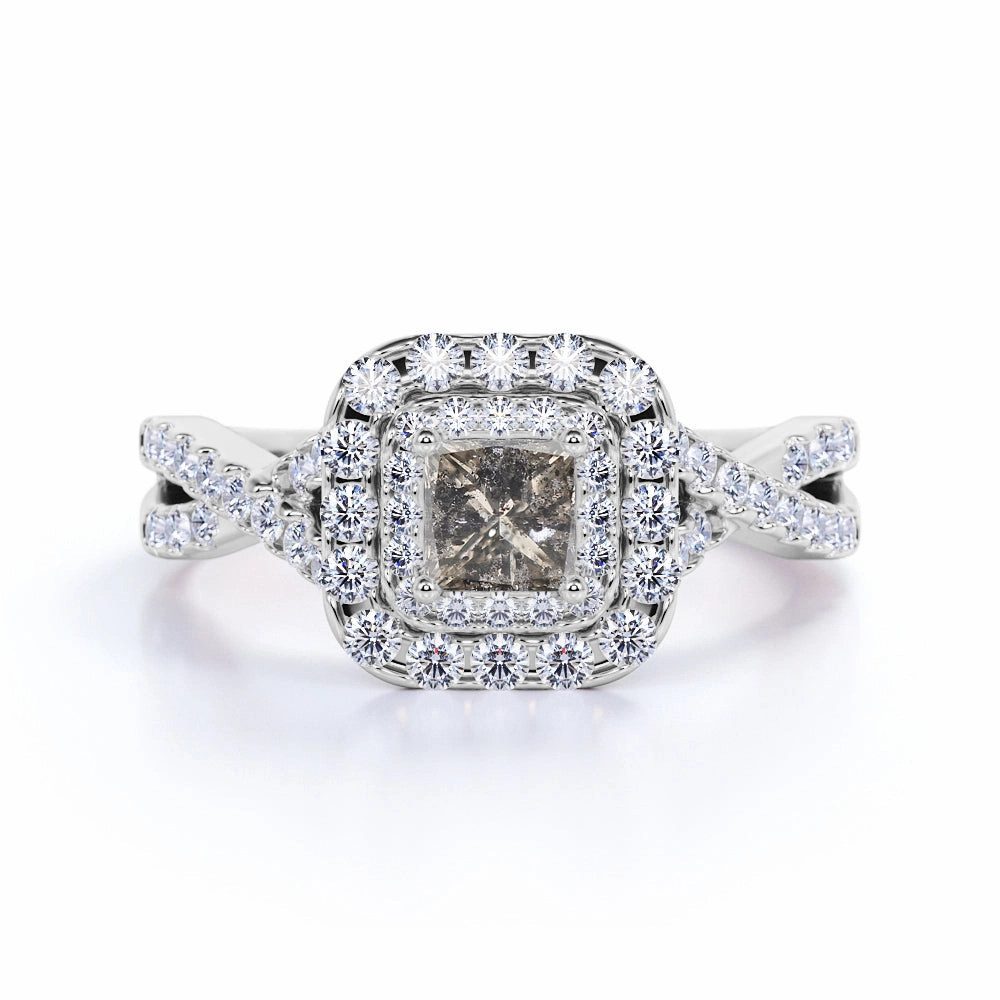 Superior Piece Romantic Style Cluster 1.15 Ct Princess Salt and Pepper Diamond Engagement Ring