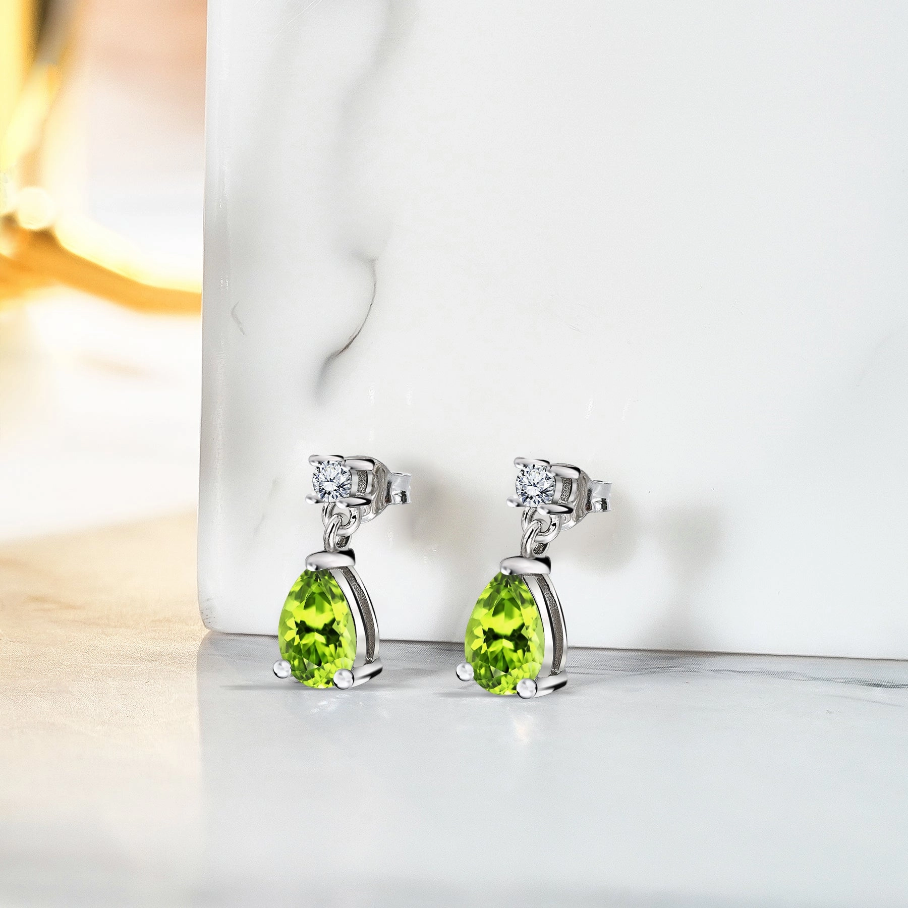 Classic 2.5 Carat Round and Pear Cut Dangle - Peridot - August Birthstone Earrings in 18k White Gold over Silver, Women Formal Accent