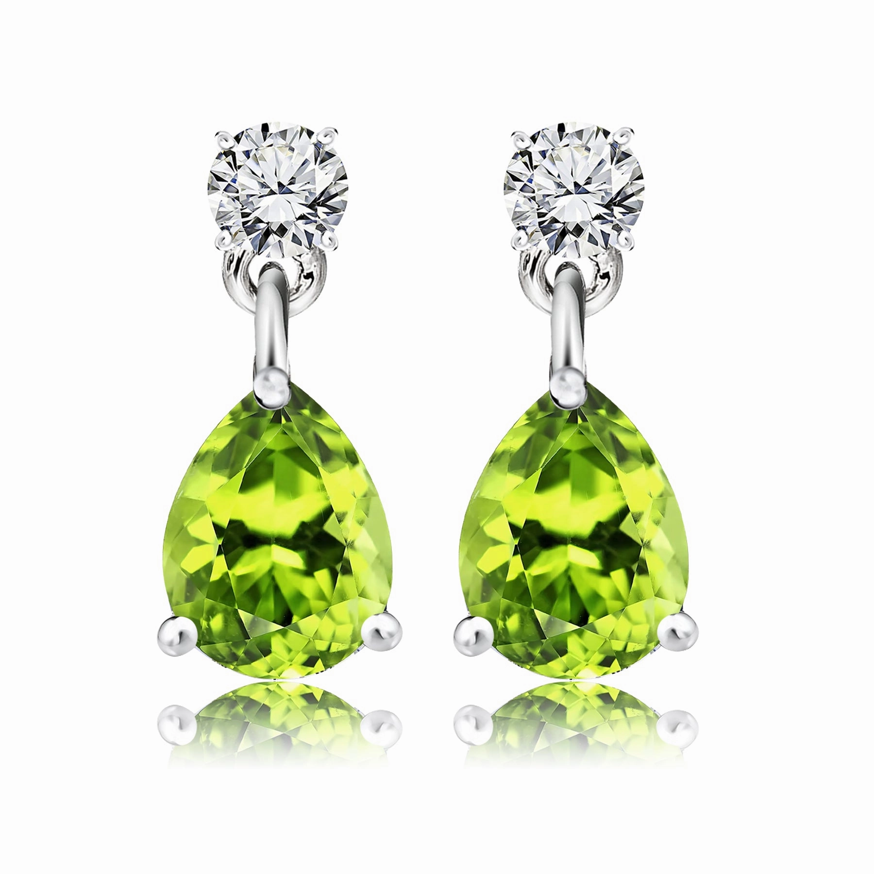 Miniature Trinket Colorful accessory Classic 2.5 Carat Round and Pear Cut Dangle - Peridot - August Birthstone Earrings in 18k White Gold over Silver, Women