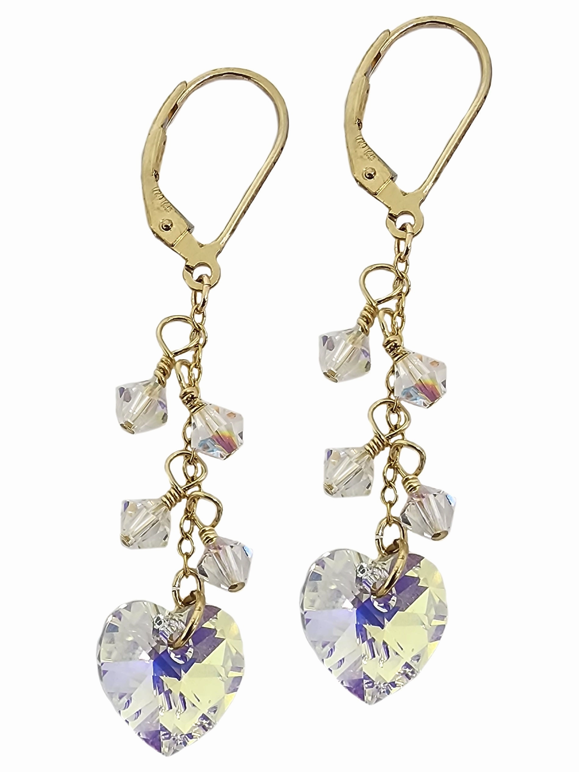 winter accessory Metallic Jewelry 14k Gold-filled Leverback Cluster Dangle Earrings with Aurora Borealis Crystal Drops and Hearts