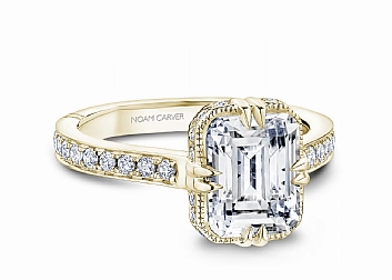 Noam Carver Emerald Center Side Stone Diamond Engagement Ring Setting in 14K Yellow Gold (0.41ctw) Lively Detail Bold Look