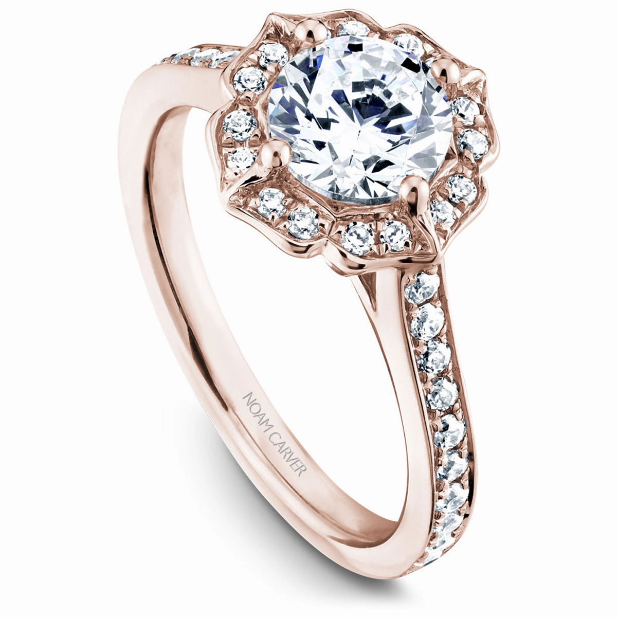 Noam Carver Floral Halo Engagement Ring Setting in Rose Gold Bridal Ready