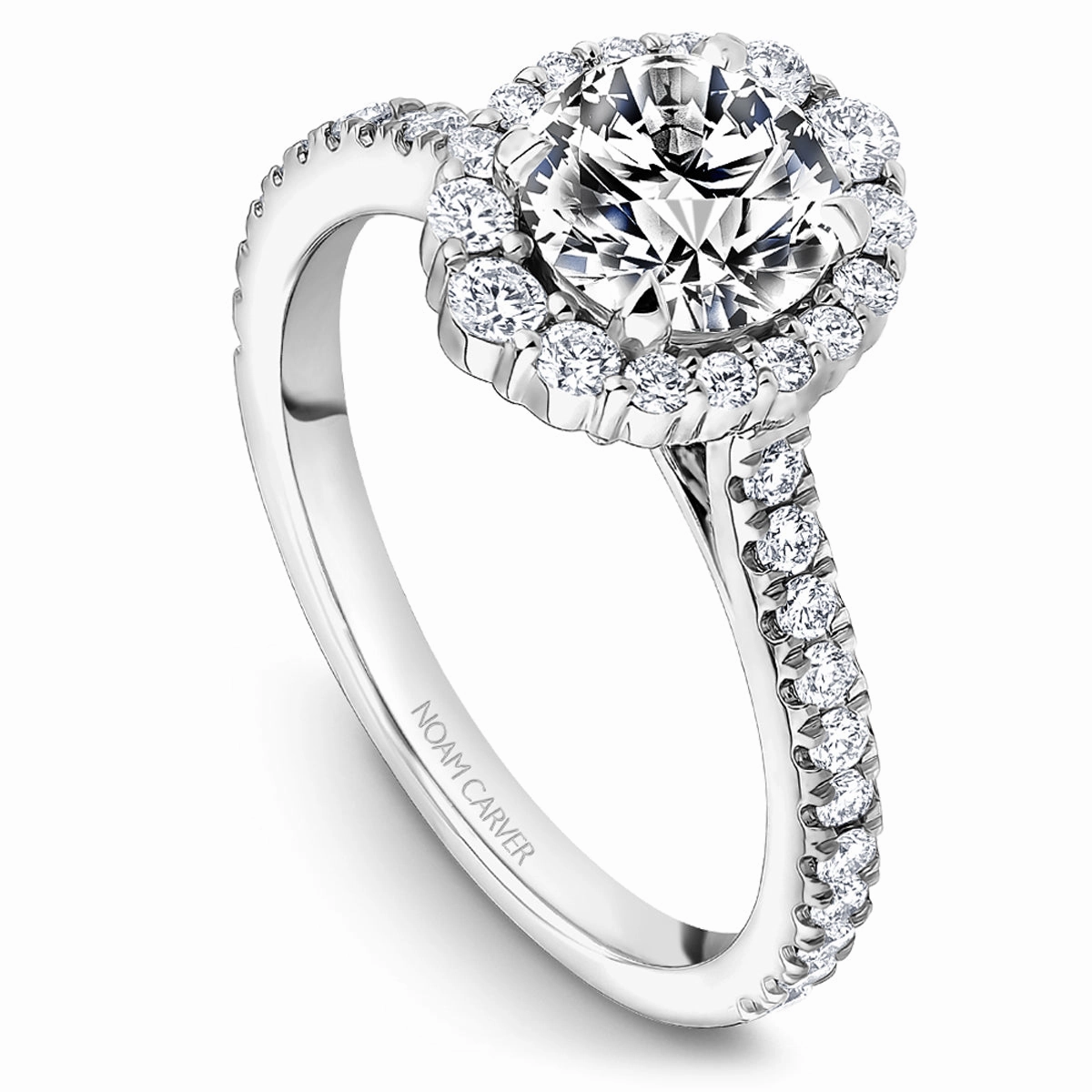 Noam Carver Graduated Halo Diamond Engagement Ring Setting in White Gold Sleek Glow Stylish Form