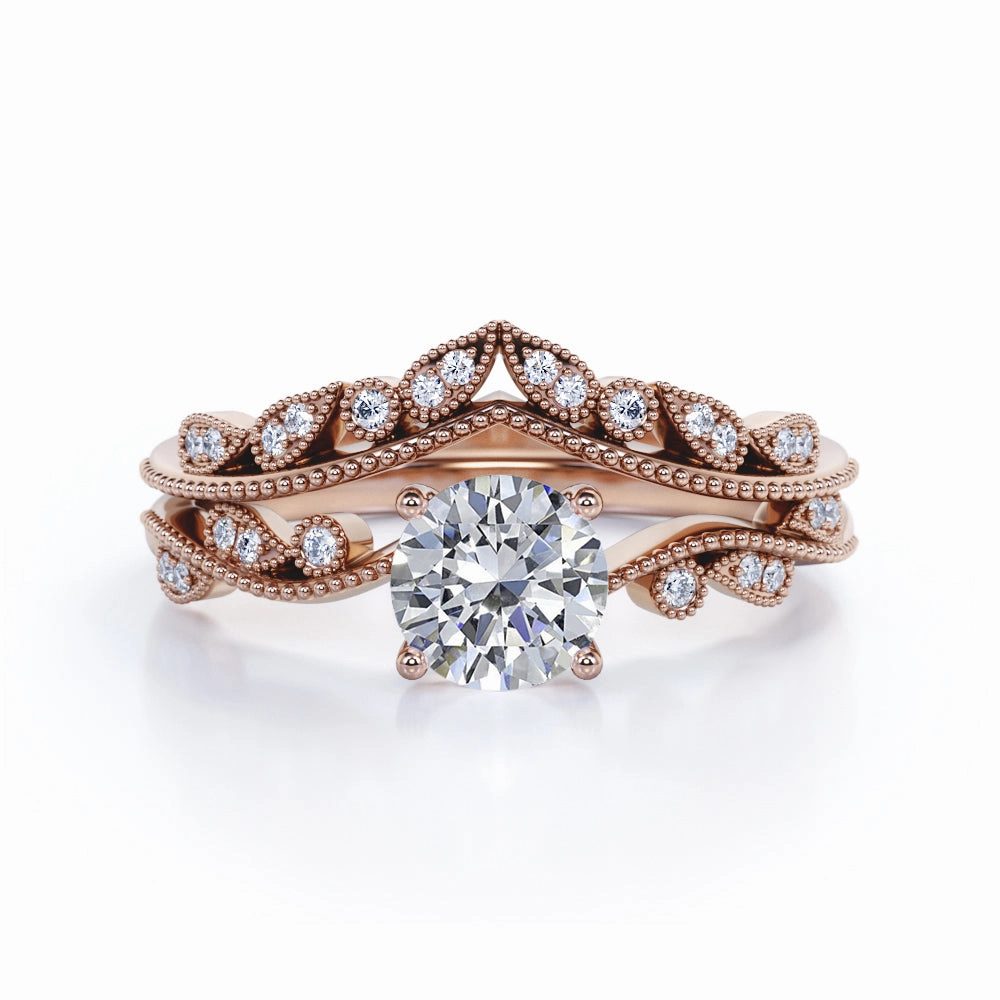 Non Traditional Prong Setting 1 CT TDW Round Cut Diamond Art Deco Wedding Sets - Bridal Set Rings for Her photo shoot