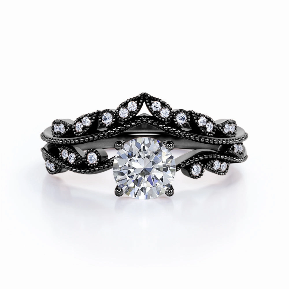 Non Traditional Prong Setting 1 CT TDW Round Cut Diamond Art Deco Wedding Sets - Bridal Set Rings for Her Urban Chic Printed Image