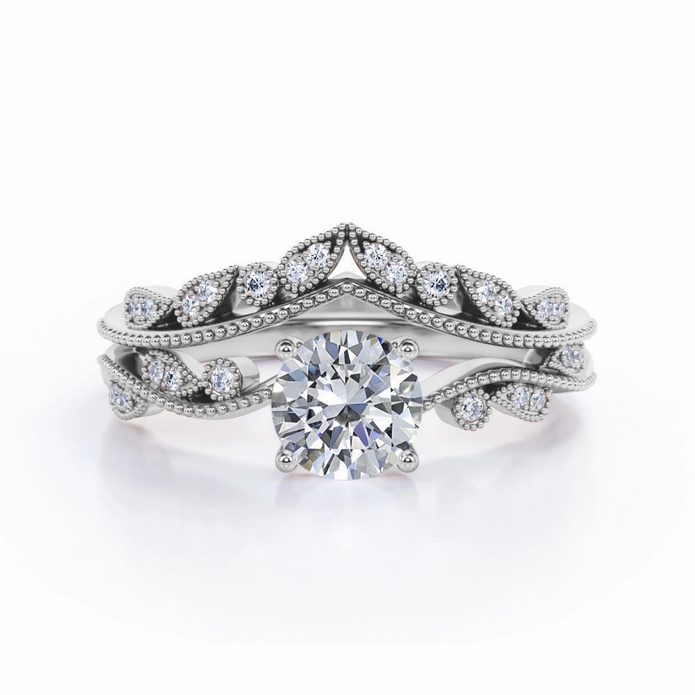 Strong Appearance High-End Symbol Non Traditional Prong Setting 1 CT TDW Round Cut Diamond Art Deco Wedding Sets - Bridal Set Rings for Her