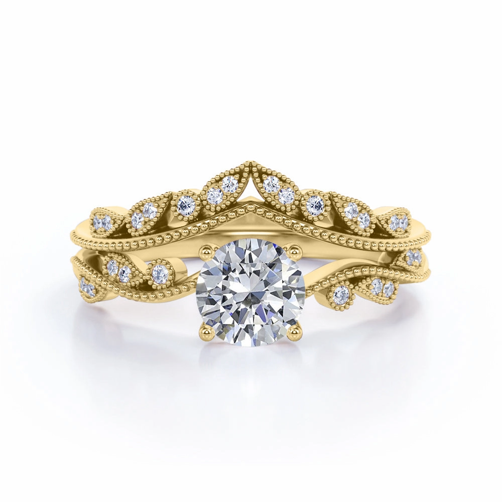 Gorgeous style Non Traditional Prong Setting 1 CT TDW Round Cut Diamond Art Deco Wedding Sets - Bridal Set Rings for Her