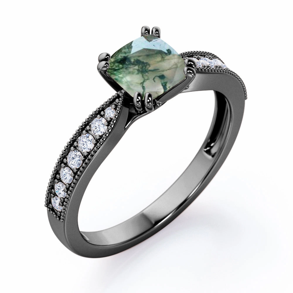 1.25 Ct Cushion Cut Moss Agate Milgrain Engagement Ring Vintage Work