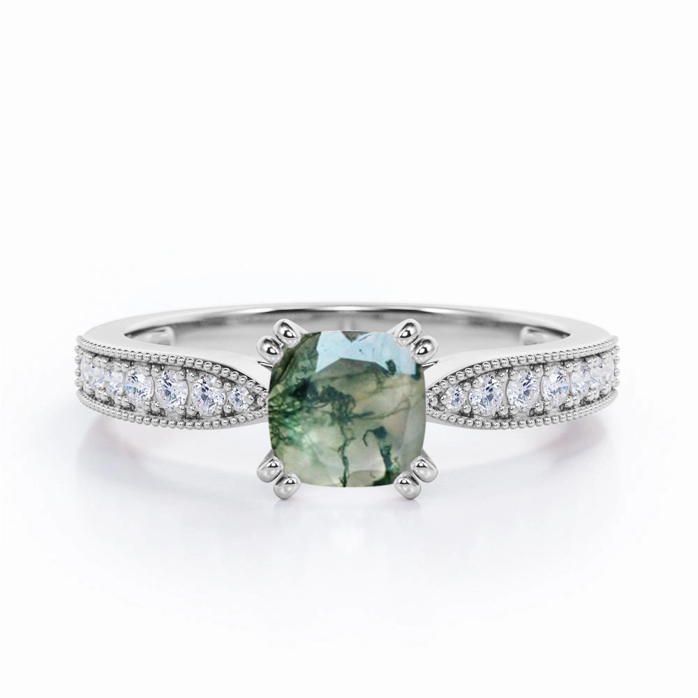 Custom Decoration Brilliant Article 1.25 Ct Cushion Cut Moss Agate Milgrain Engagement Ring