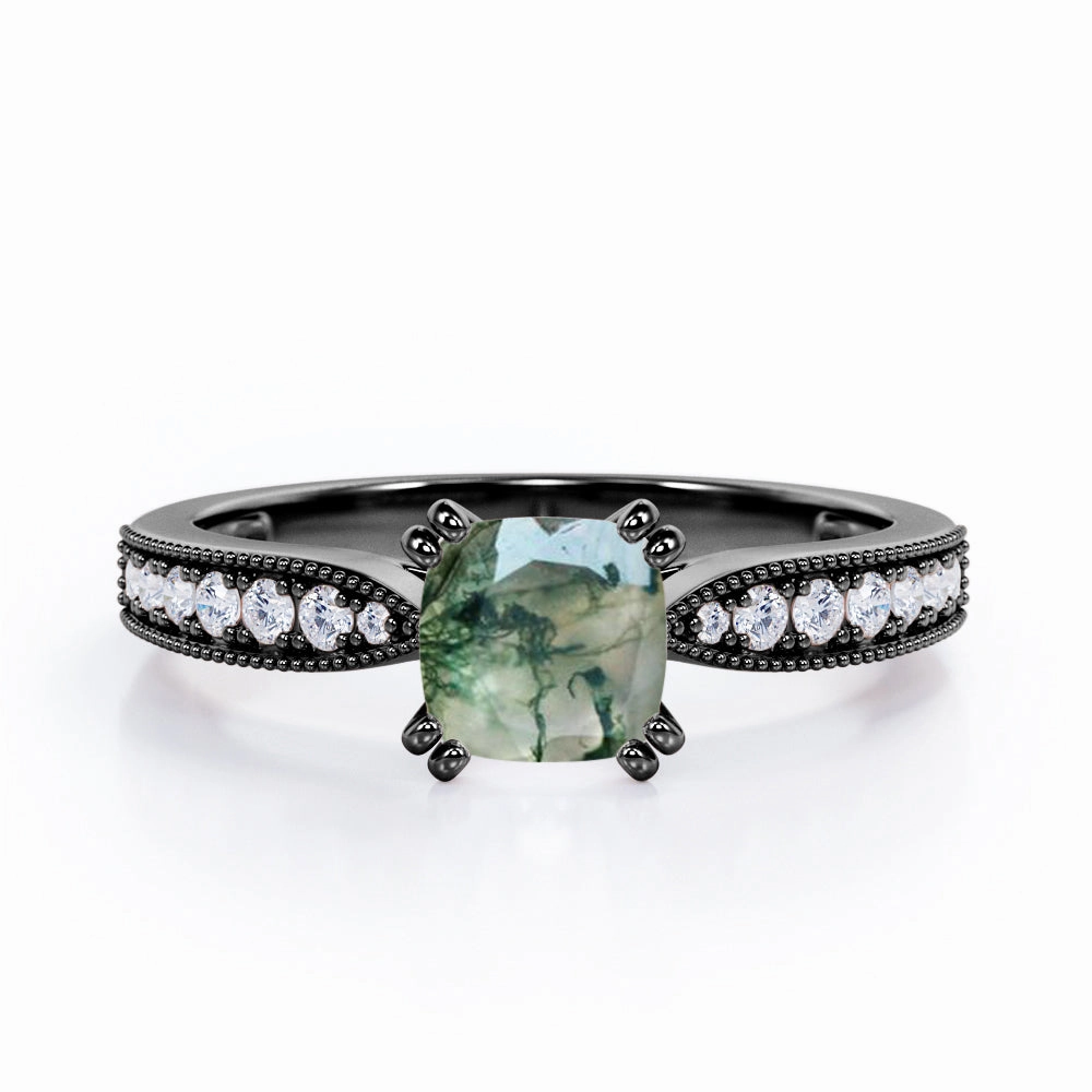 1.25 Ct Cushion Cut Moss Agate Milgrain Engagement Ring Sturdy Design