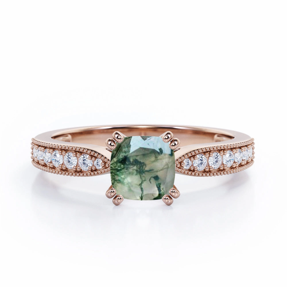 1.25 Ct Cushion Cut Moss Agate Milgrain Engagement Ring Casual Charm
