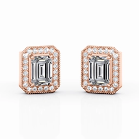 Sparkling Ornament Glittering Design Octagonal Milgrain 0.85 CT TDW Emerald Cut Diamond Surface Prong Stud Earrings in White Gold