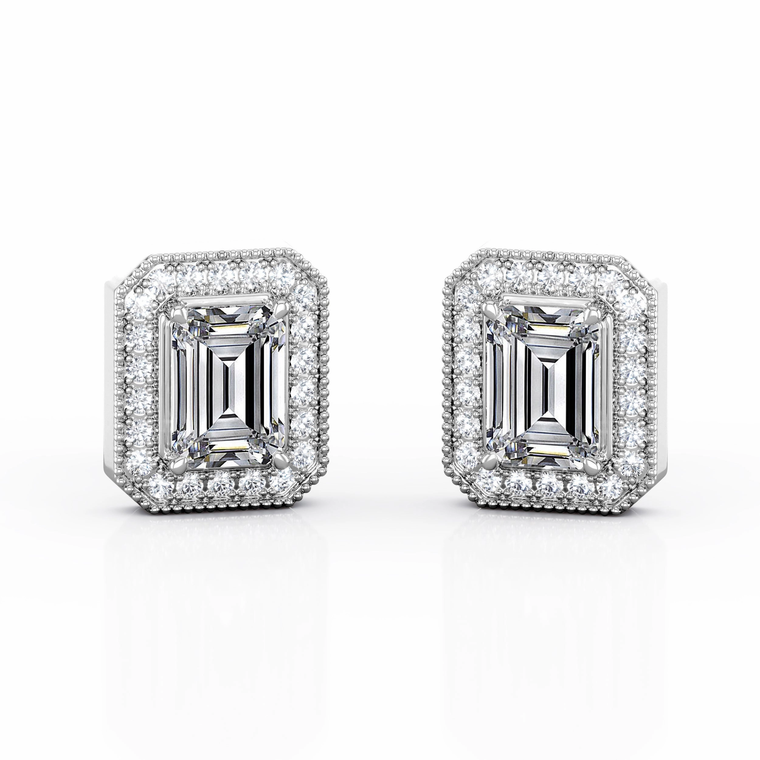 Spiral Trinket Rectangular Adornment Octagonal Milgrain 0.85 CT TDW Emerald Cut Diamond Surface Prong Stud Earrings in White Gold