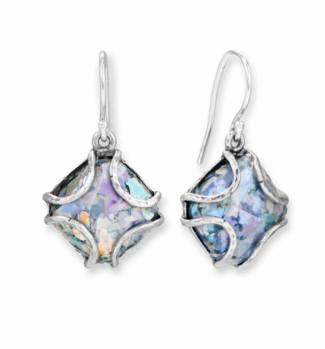 Ancient Roman Glass Earrings with Wire Cage Setting Sterling Silver Ornate Item Matte Trinket