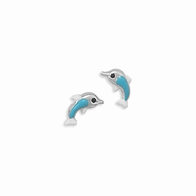 Formal Item Dolphin Post Stud Earrings with Light Blue Enamel Coloring