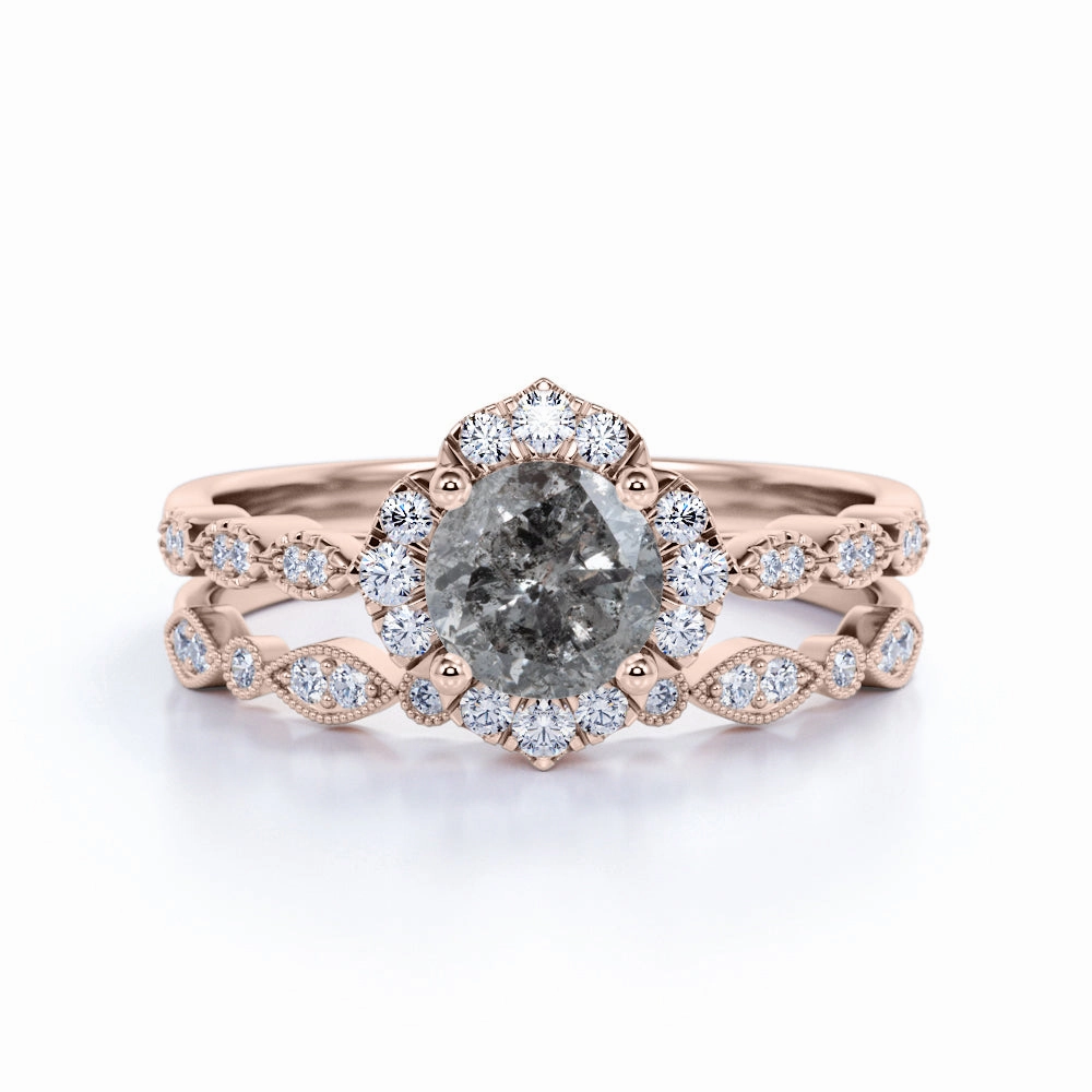 1 Ct Round Salt and Pepper Diamond Flower Wedding Ring Set Lovely Design