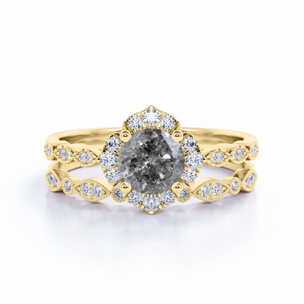 1 Ct Round Salt and Pepper Diamond Flower Wedding Ring Set Contemporary Symbol