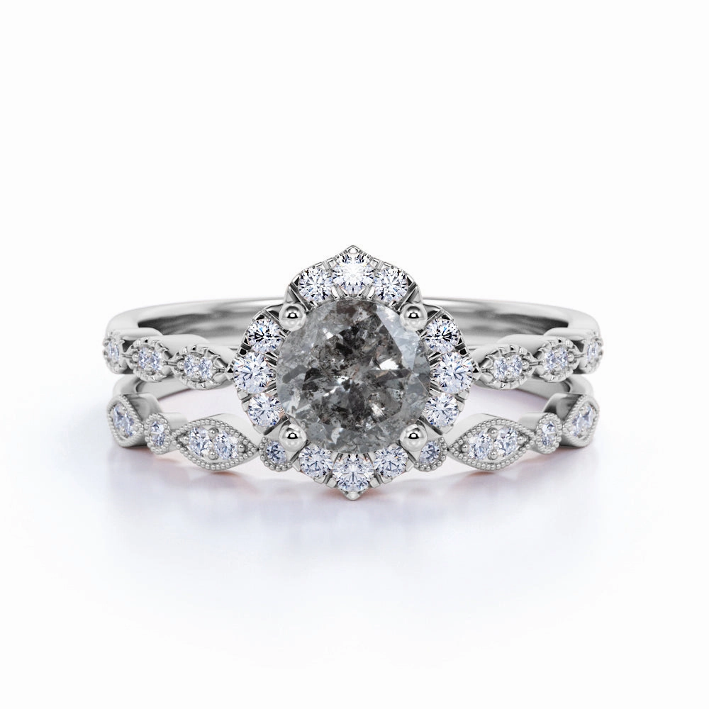 1 Ct Round Salt and Pepper Diamond Flower Wedding Ring Set Vintage Expression