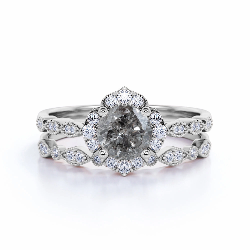 1 Ct Round Salt and Pepper Diamond Flower Wedding Ring Set Refined Balance
