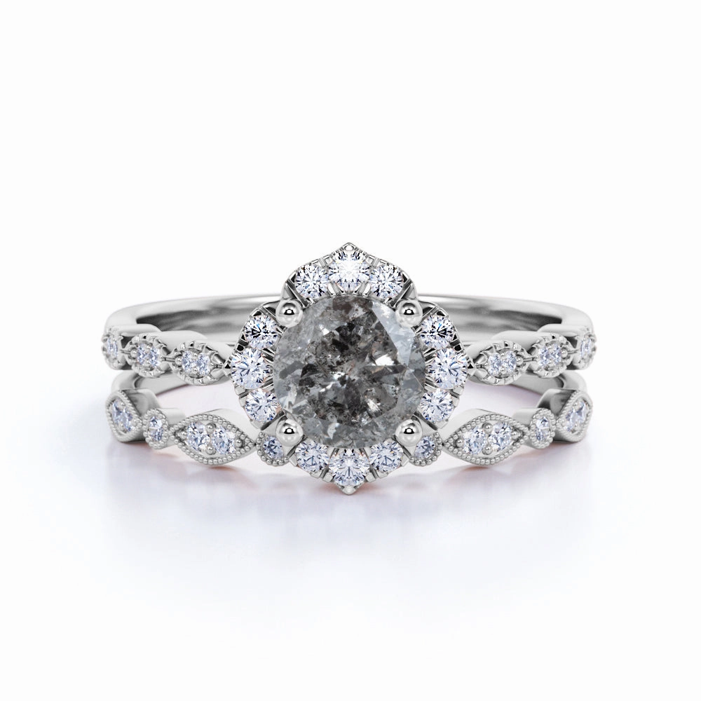 1 Ct Round Salt and Pepper Diamond Flower Wedding Ring Set Intricate Detail Future Classic