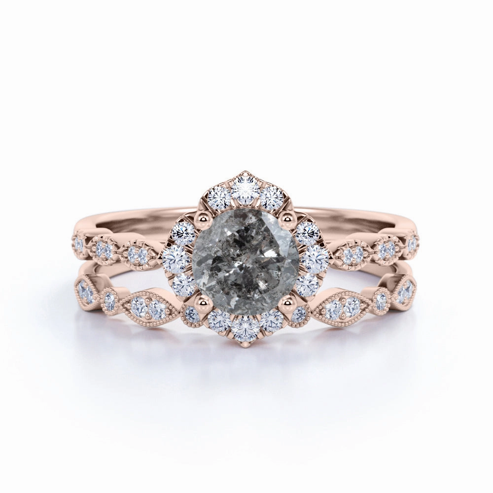 1 Ct Round Salt and Pepper Diamond Flower Wedding Ring Set Friendship Gift