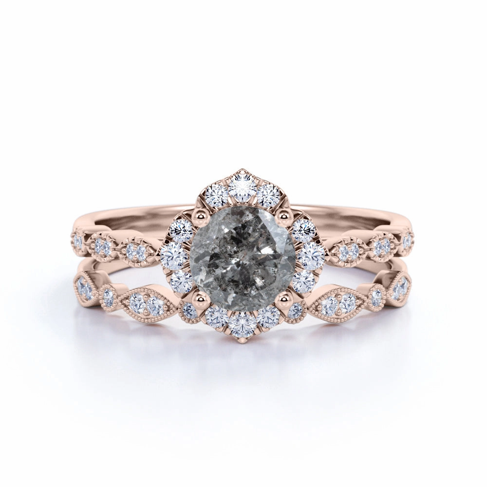 1 Ct Round Salt and Pepper Diamond Flower Wedding Ring Set Urban Fit Minimalist Trinket