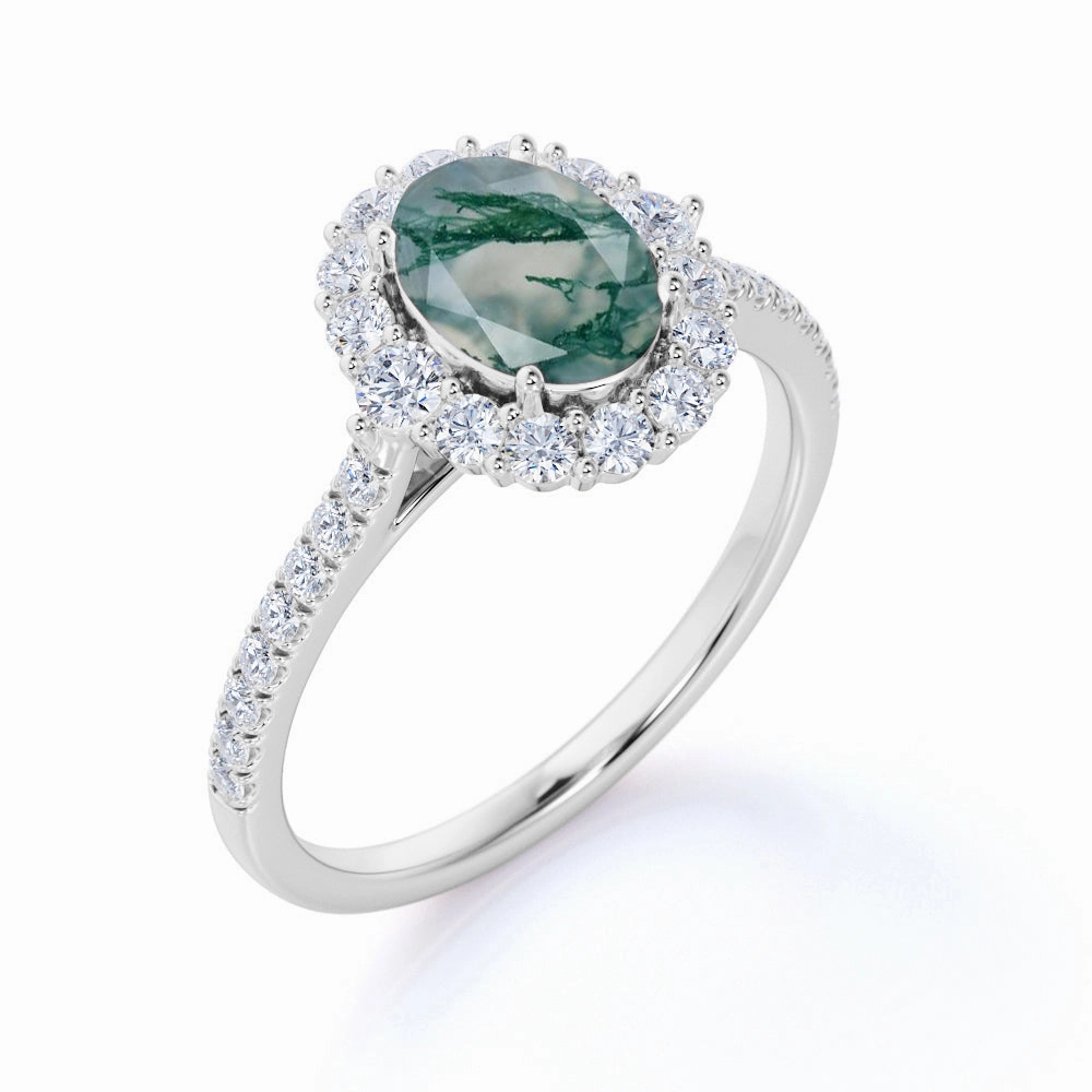 Halo Cluster 1.50 ct Oval Moss Agate Engagement Ring Biodegradable Item City Fashion