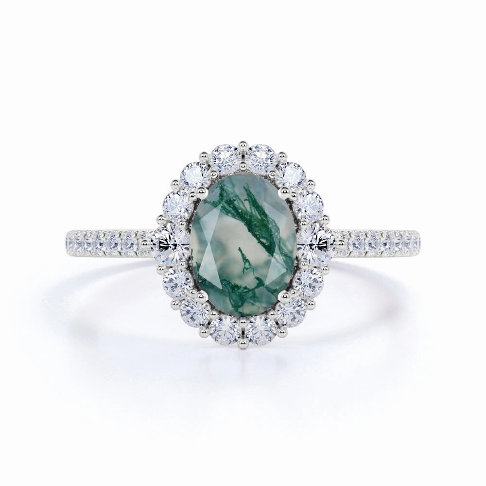 Halo Cluster 1.50 ct Oval Moss Agate Engagement Ring Artisan Product