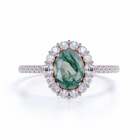 Halo Cluster 1.50 ct Oval Moss Agate Engagement Ring Creative Accessory Excellent Ornament