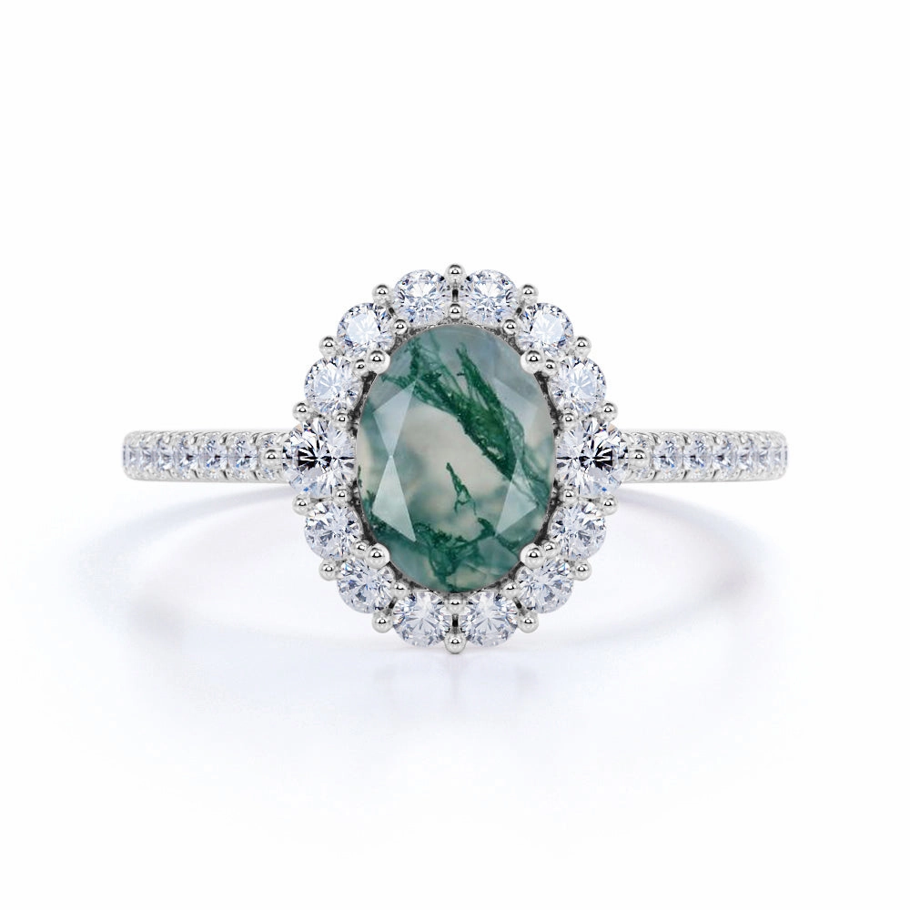 Halo Cluster 1.50 ct Oval Moss Agate Engagement Ring Polished Design
